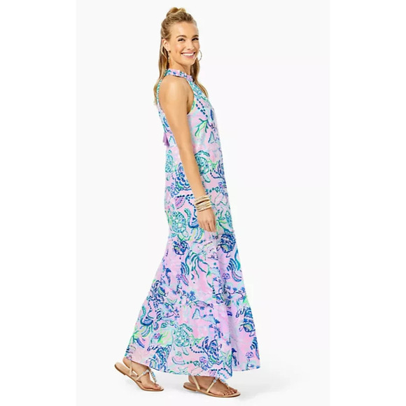 Lilly Pulitzer Everly Maxi Dress Mermaid Halter Ruffle Pink Sleeveless Size XL - Picture 16 of 16